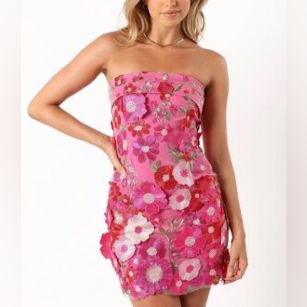 Altar’d State 3D Floral Appliqué Strapless Dress Size L Pink Mesh Embroidered